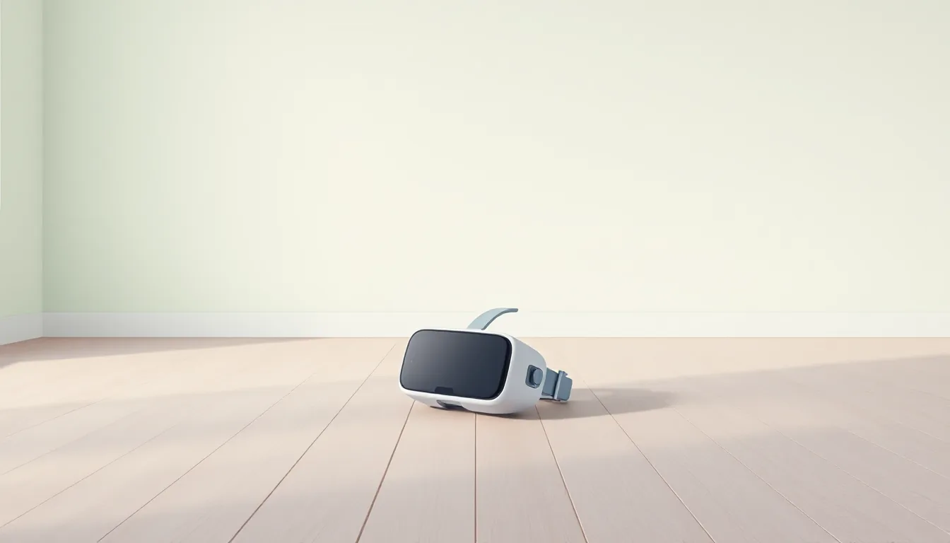 A single VR headset lying on an empty wooden floor in a quiet room