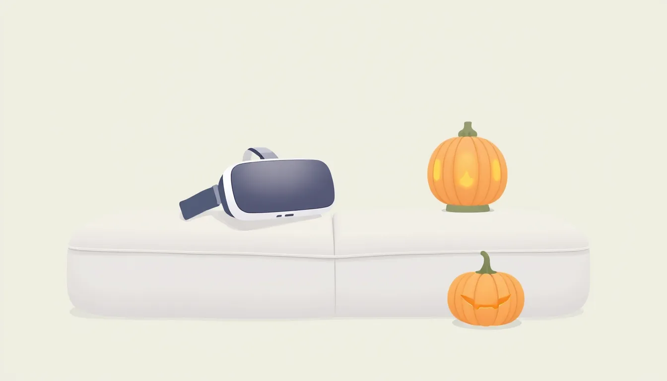 A VR headset resting on a sofa cushion next to a small carved pumpkin lantern