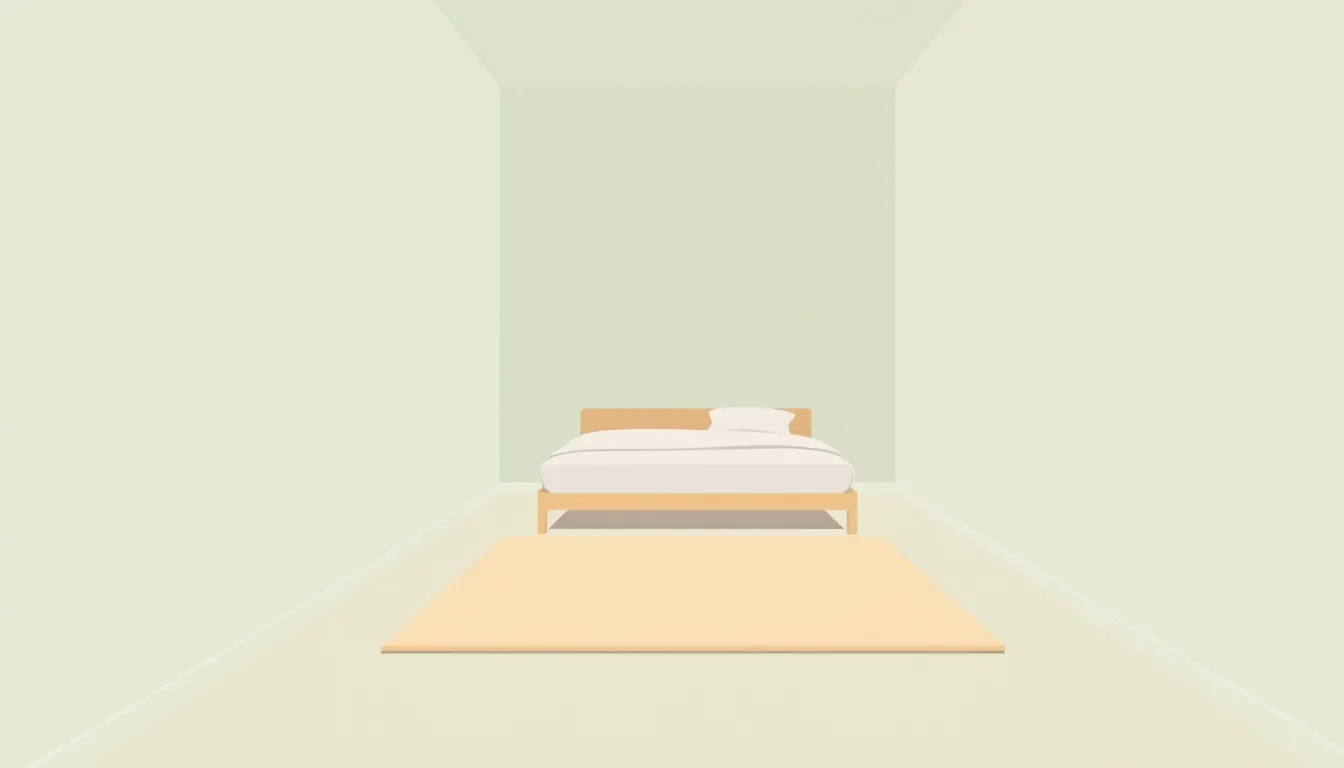 A narrow room with a bed and a small patch of clear carpet in front of it