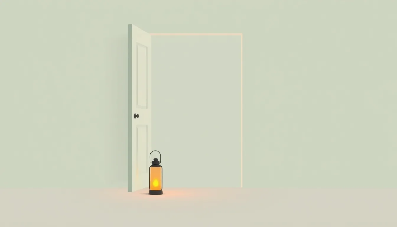A dimmed amber lantern on the floor next to an open door