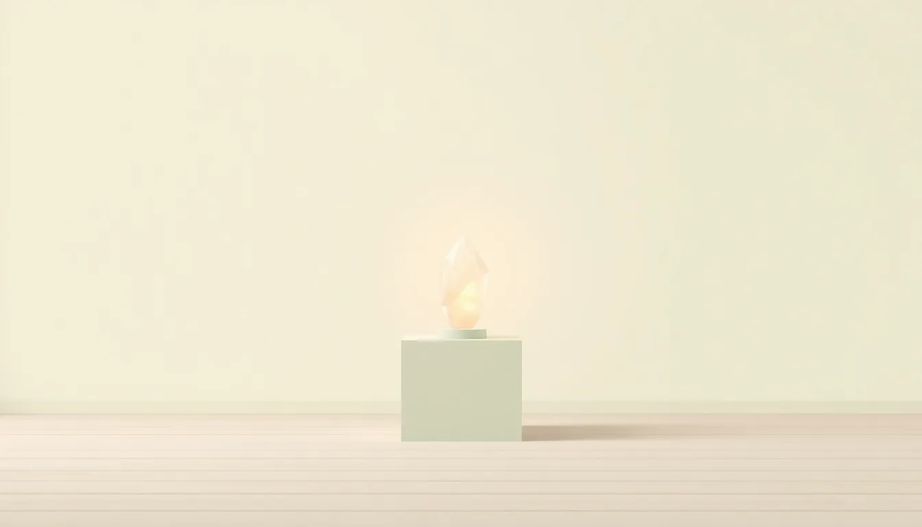 A small glowing crystal on a pedestal in an empty, bright room