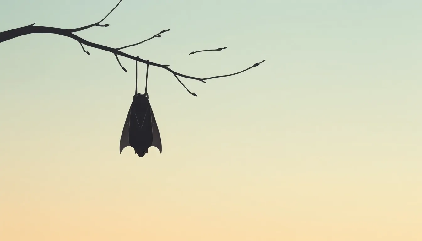 A single small bat hanging from a bare branch against a calm sky