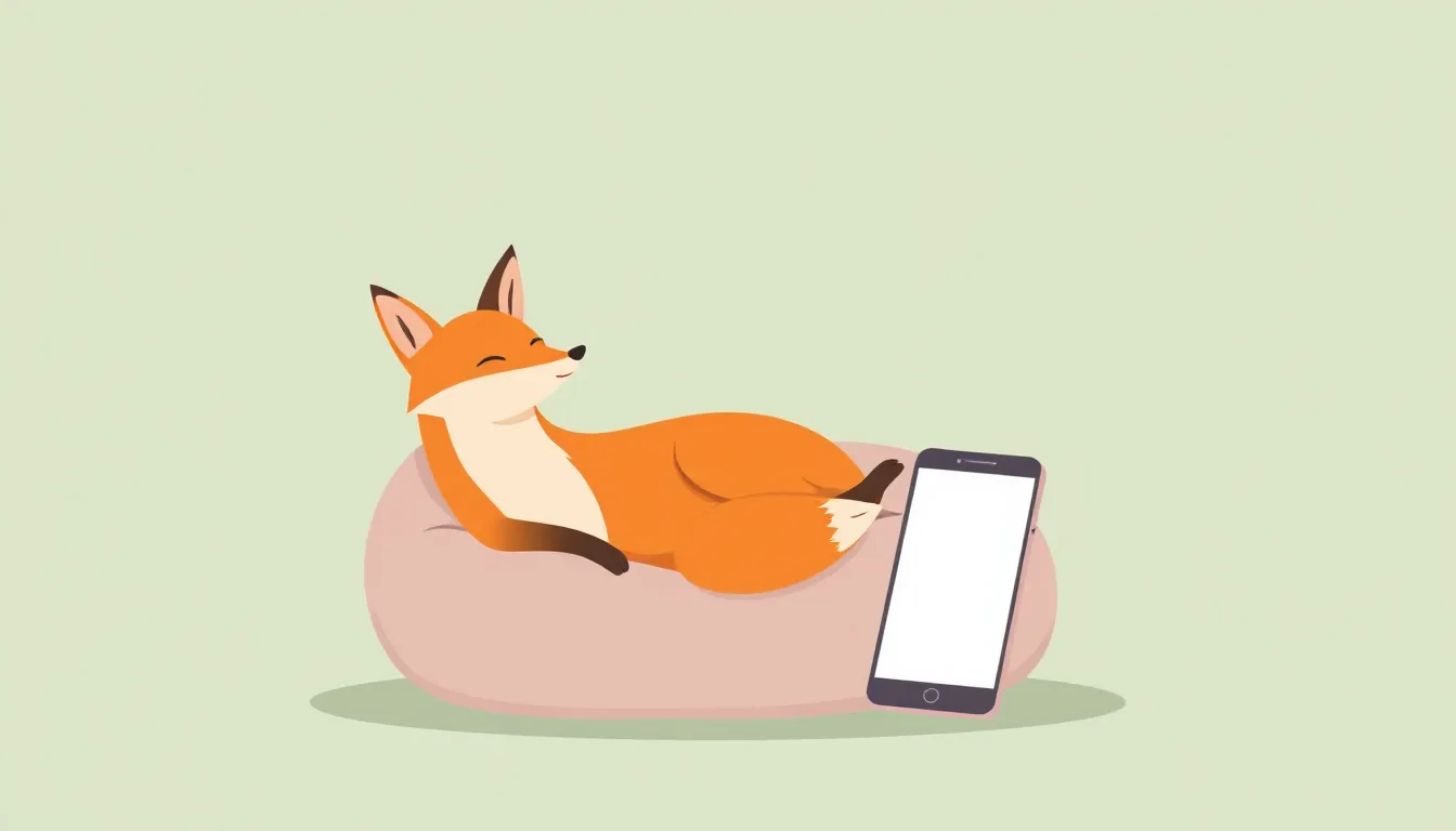 An orange fox sits relaxed on a beanbag next to a smartphone with a glowing, empty screen