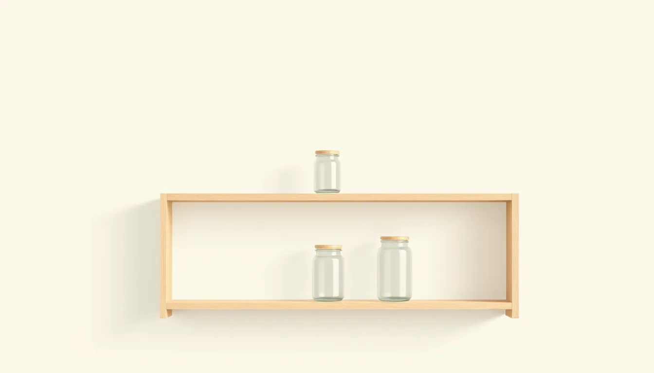 An empty wooden shelf with a few small glass jars, neatly lined up against a light wall