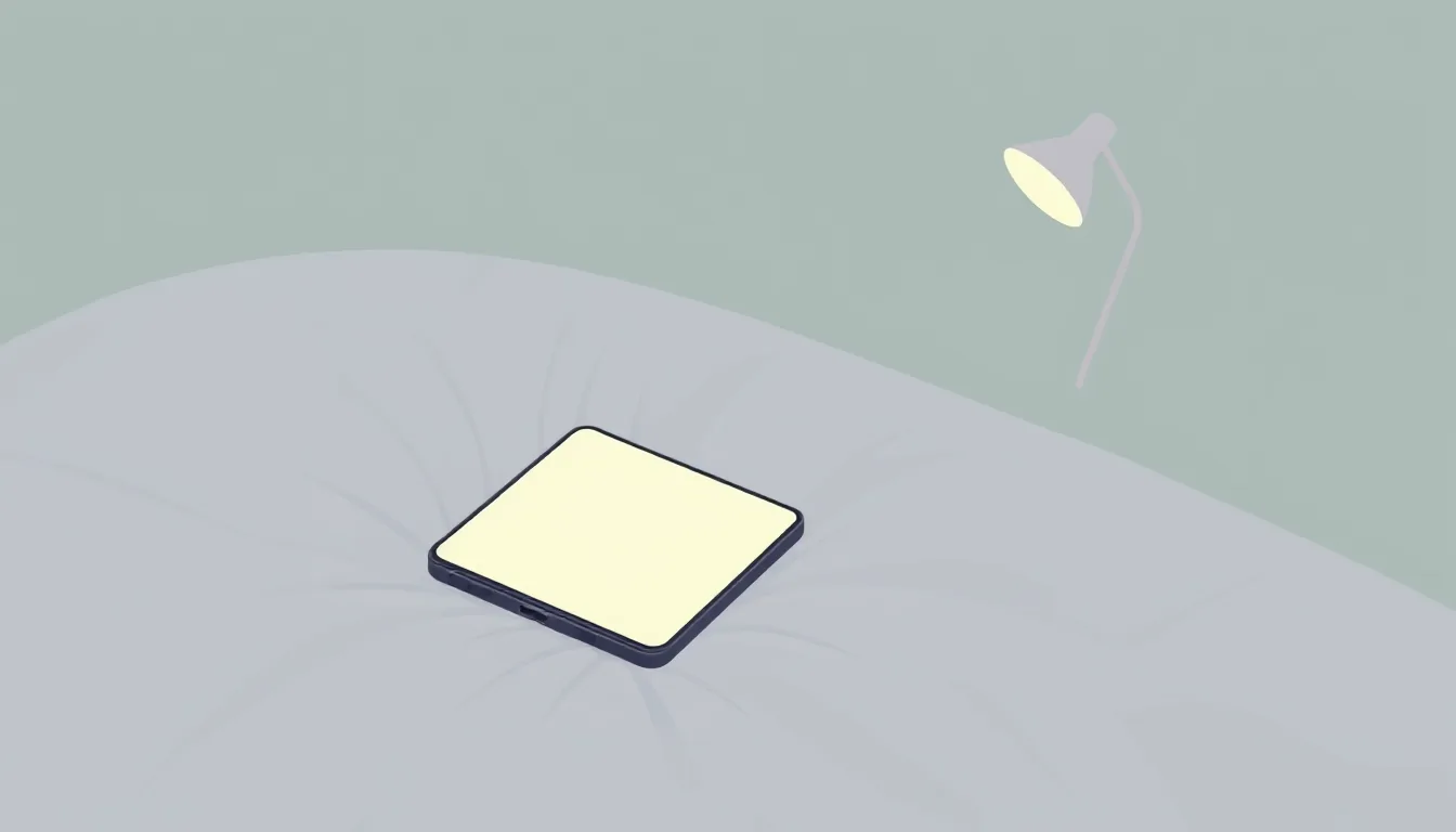 A smartphone with a glowing, blank screen lying on a duvet at night next to a small lamp