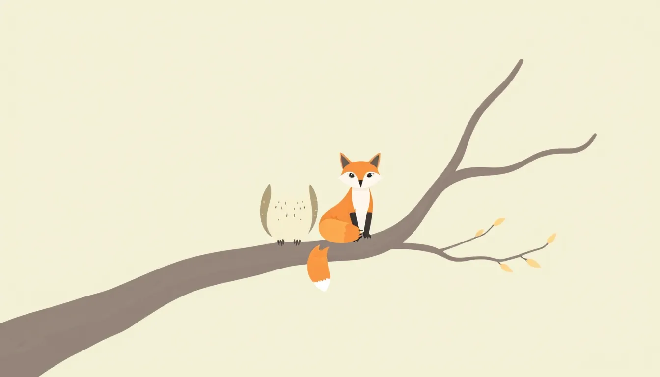 A small owl and a small fox sitting side by side on a branch against a plain background