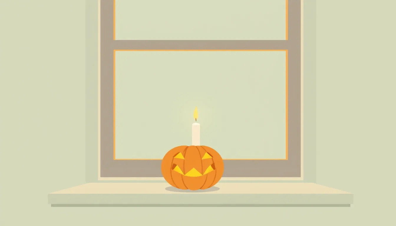 A hollowed-out pumpkin with a burnt-out candle sits on a quiet windowsill
