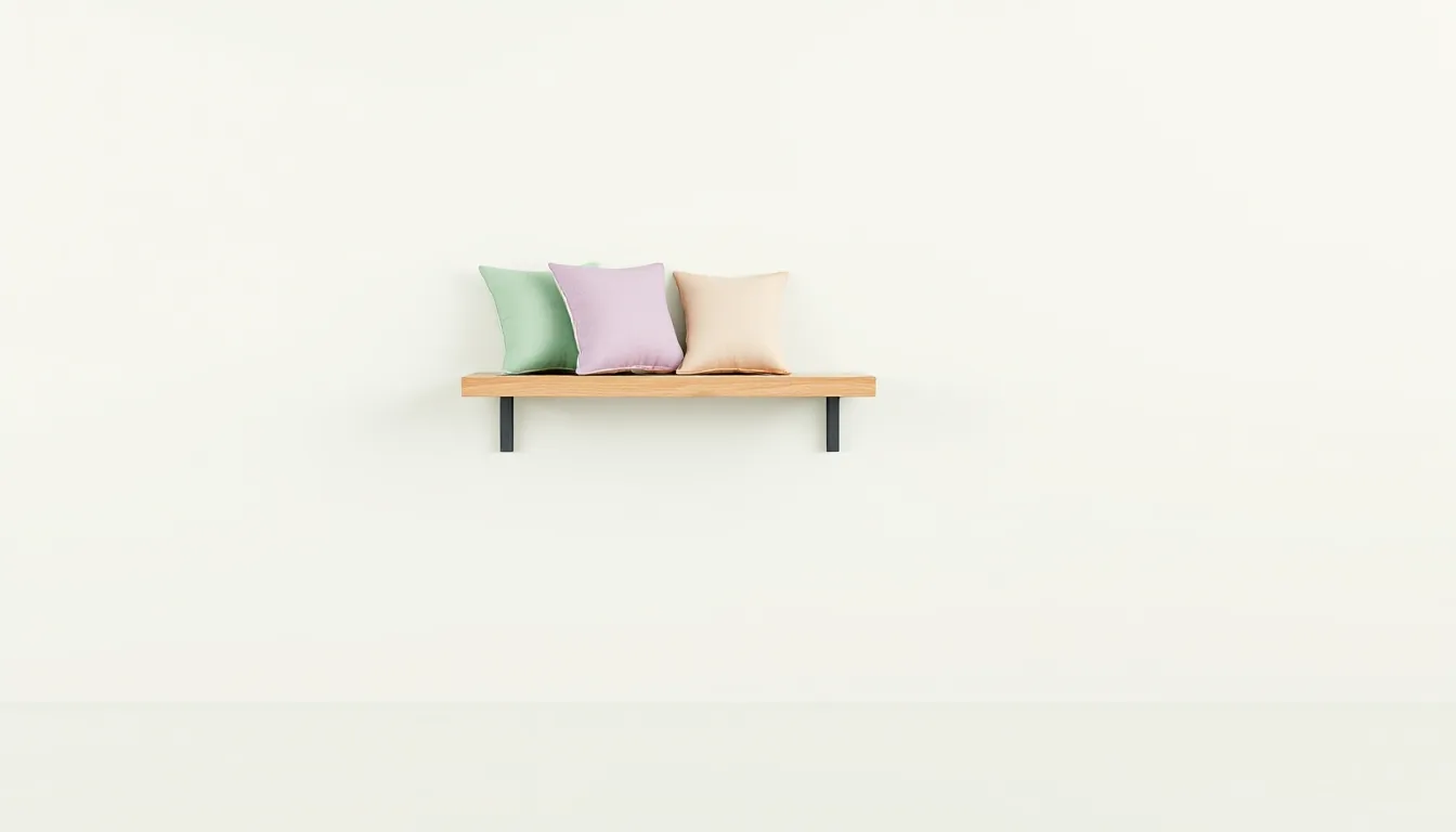 A small wooden shelf with three pastel cushions against a bare wall