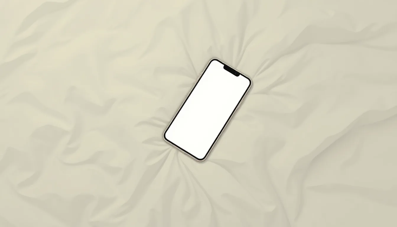 A smartphone with a blank glowing screen lying on a crumpled duvet