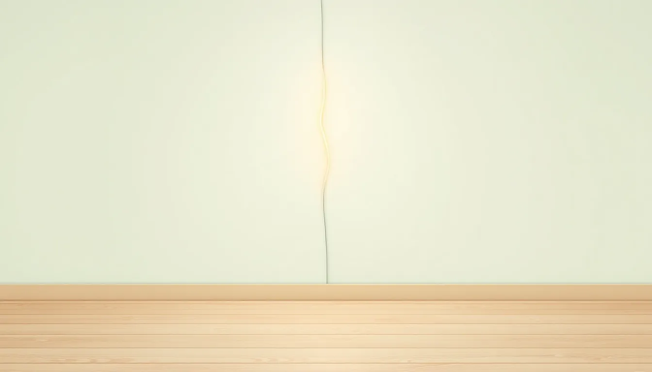 A narrow glowing crack in an empty pastel-coloured wall above a wooden floor