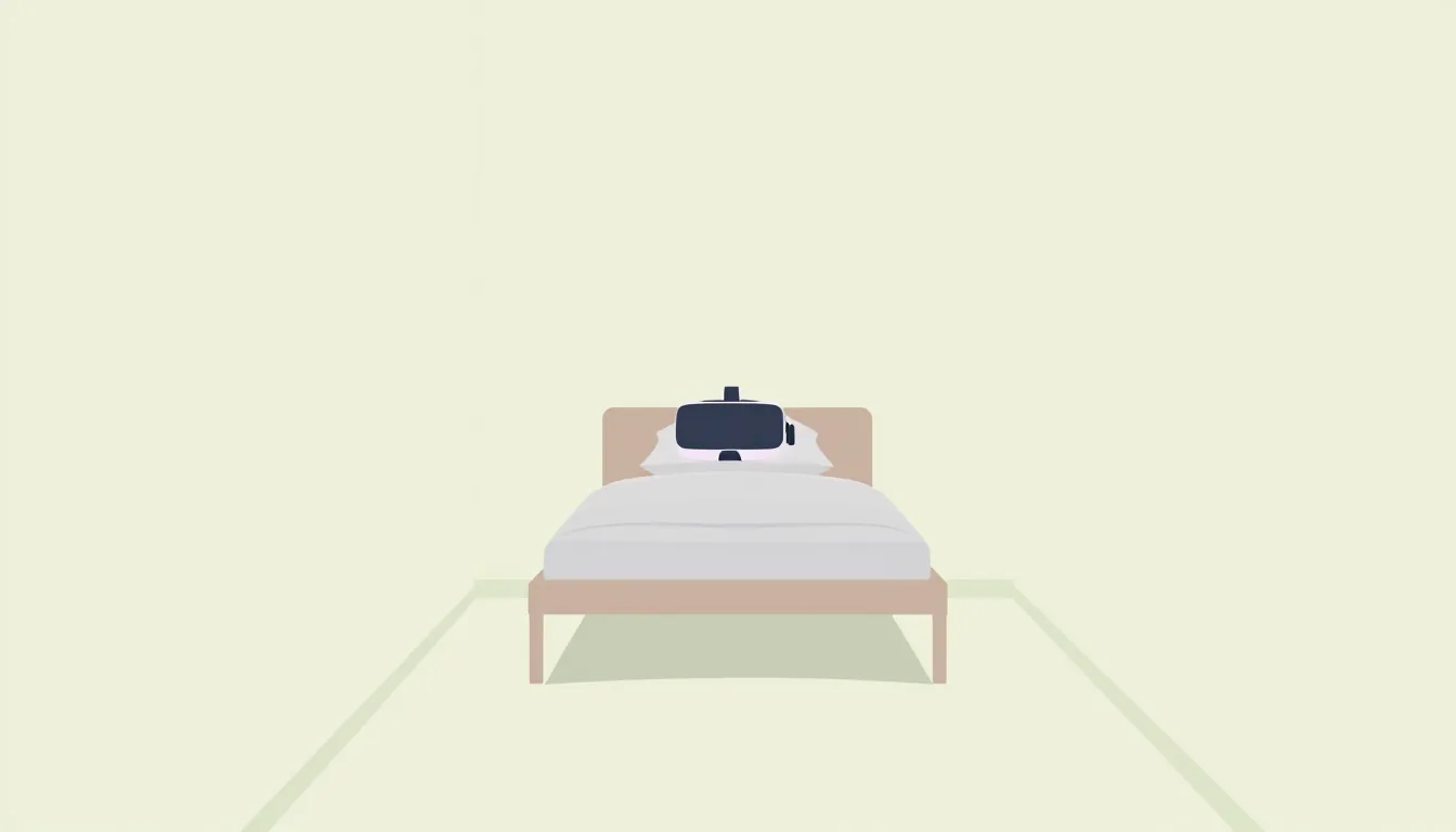 A narrow single bed in a small room with a VR headset on the pillow