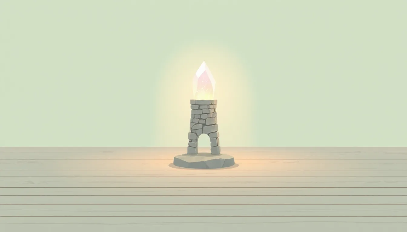 A small stone tower stands on an empty wooden floor next to a glowing crystal