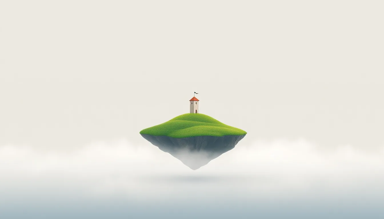 A small floating grassy island with a tiny tower above a calm sea of fog
