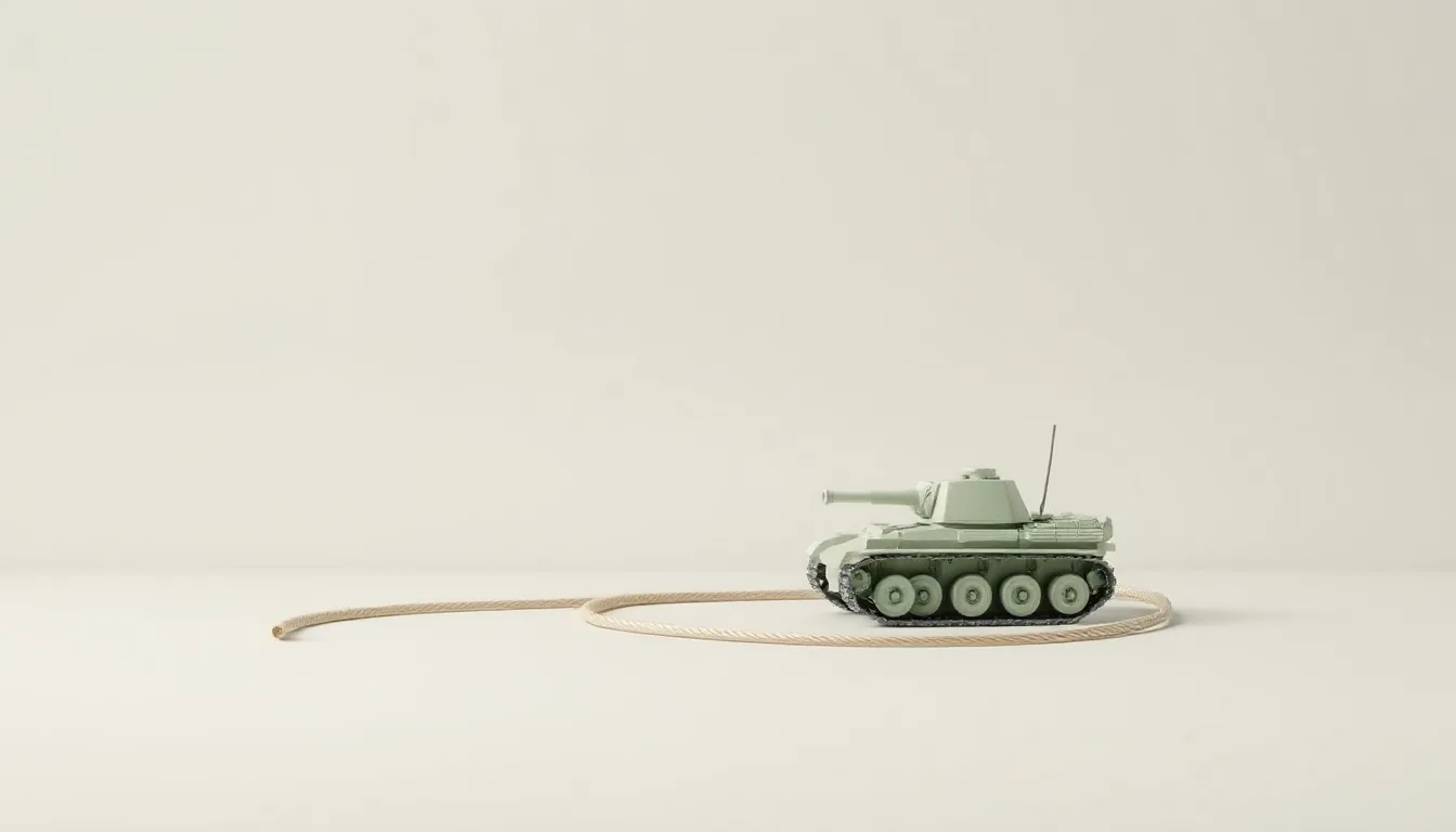 A single small tank next to a coiled cable on a light-coloured floor