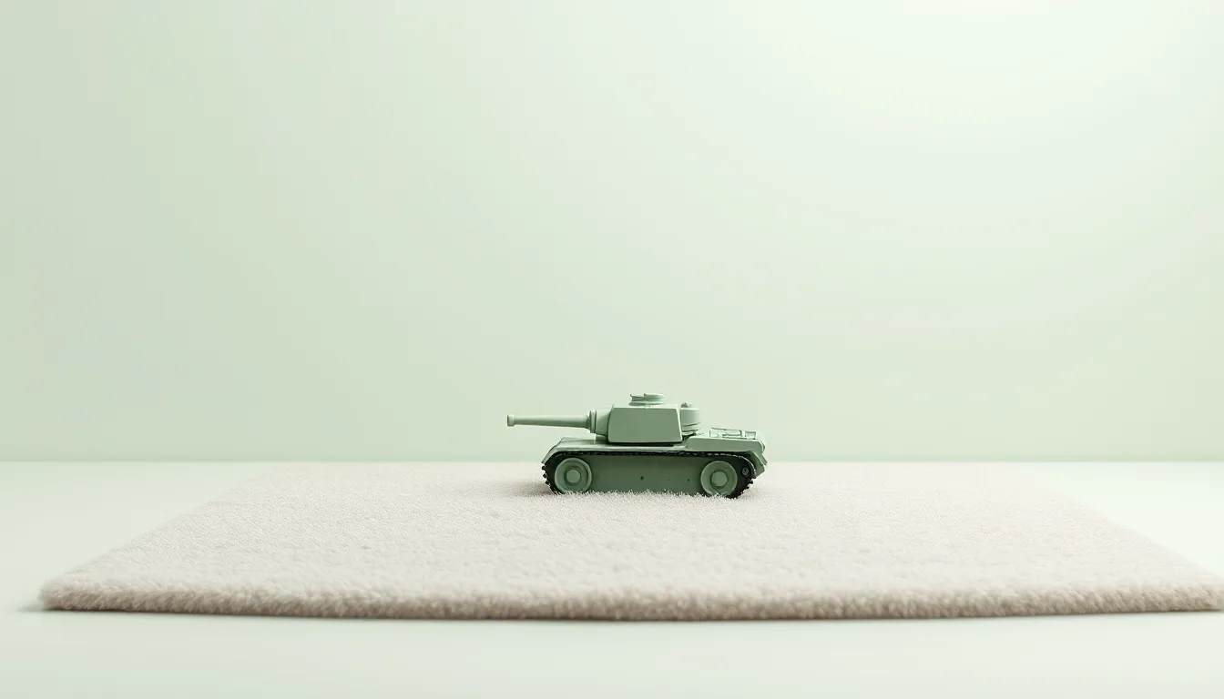 A small toy tank sits alone on a soft carpet